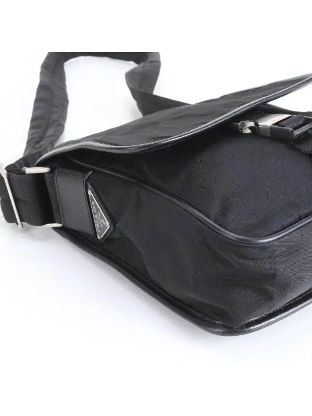 Prada Tessuto Nylon Triangle Logo Leather Shoulder Bag Crossbody Messenger Black